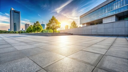 Obraz premium Empty plaza with modern buildings and green trees at sunset