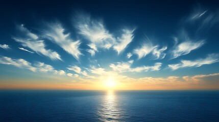 Serene Sunset Over Calm Ocean With Wispy Clouds