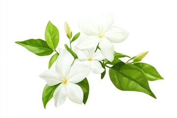 Fototapeta premium A single white flower with green leaves sits on a plain white background, perfect for use in botanical or minimalist designs