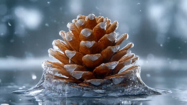 Seamless looping 4k time-lapse animation video background. Frozen pine cone encased in melting ice under winter daylight