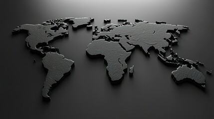 3D dark gray world map on black background.