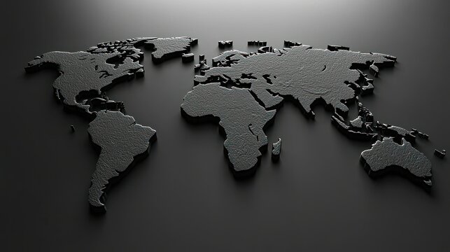 Fototapeta 3D dark gray world map on black background.