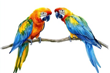 Fototapeta premium Two vibrant parrots resting on a branch, bright colors and lively plumage