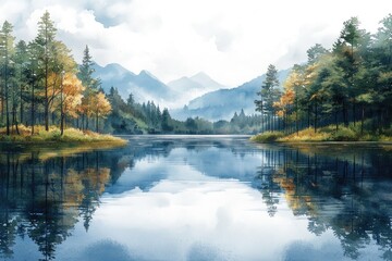 Fototapeta premium A serene lake scene with trees reflected on the water