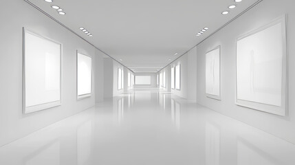 Fototapeta premium White room, corridor background, museum space 3d render. Art gallery, exhibition hall interior with blank white frames hanging on wall, spotlight illumination on ceiling, Realistic vector illustration