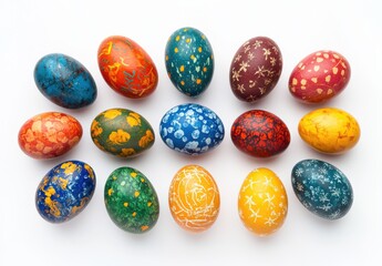 Vibrantly Colored Easter Eggs Displayed on a White Background, Featuring Unique Patterns and Designs for a Festive Spring Celebration