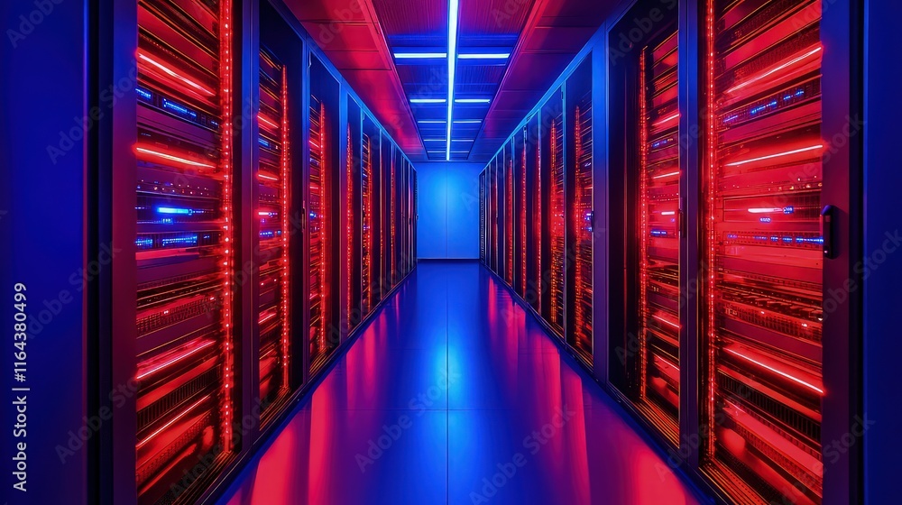 Poster a futuristic server room corridor with red and blue led lights illuminating the server racks. the gl