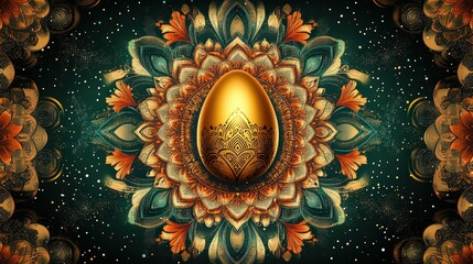 Fototapeta premium Golden Easter egg adorned with floral patterns surrounded by detailed flowers on a black background