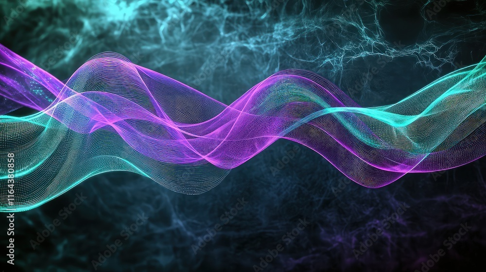 Poster a futuristic scene of dynamic energy lines in purple and teal, flowing in a wave pattern across a da