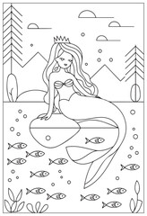 Kawaii mermaid princess playing with fishes coloring page