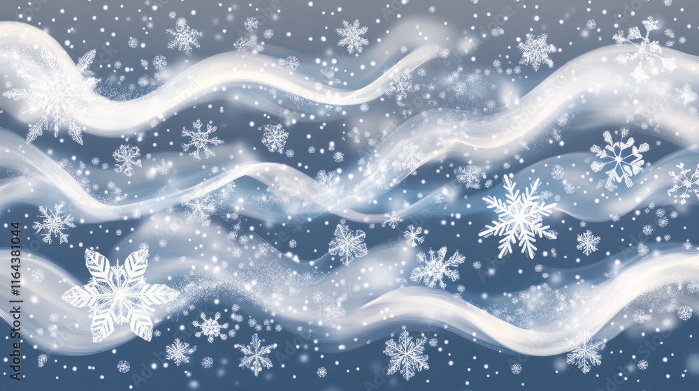 Poster winter wind, cold air with snow effect. white clouds of whirlwind with snowflakes and ice particles,