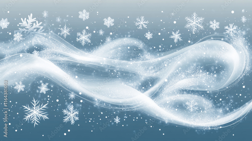 Poster winter wind, cold air with snow effect. white clouds of whirlwind with snowflakes and ice particles,