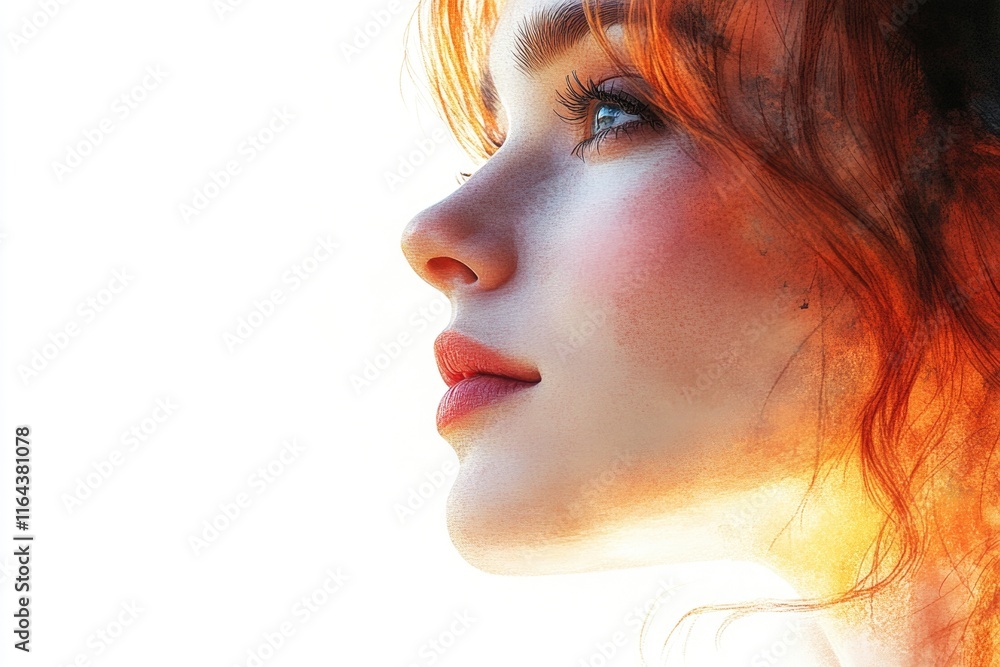 Wall mural Portrait of a woman with striking red hair, captured in a detailed close-up