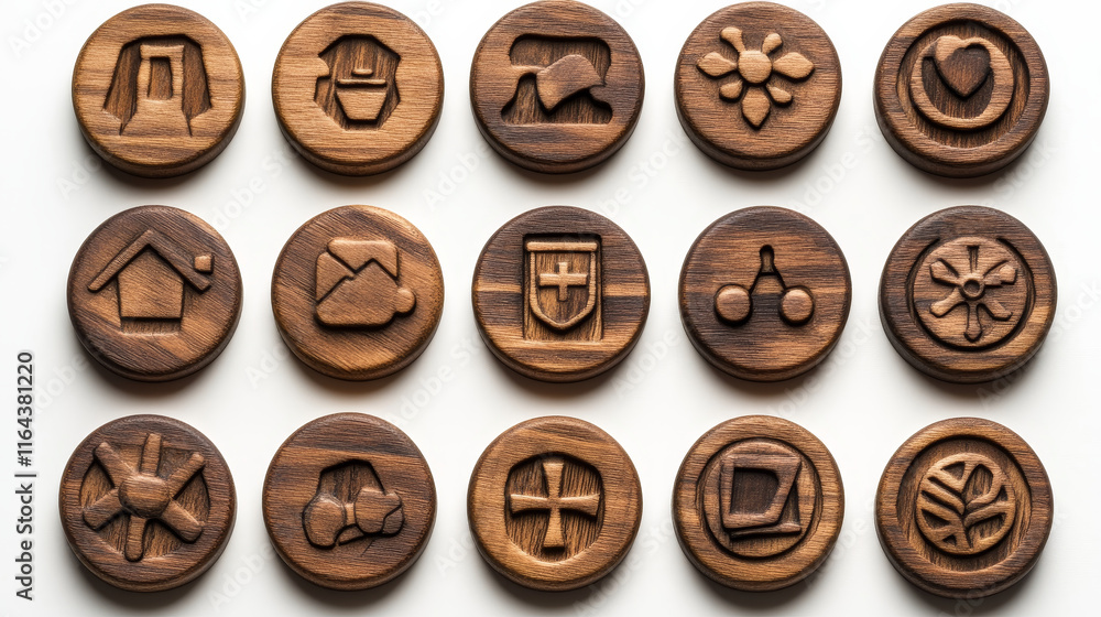 Poster circle buttons with wooden texture and icons for game menu interface or website. vector cartoon set 