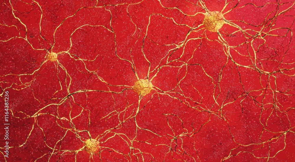 Poster vibrant neurons on red background showcasing neural network structure
