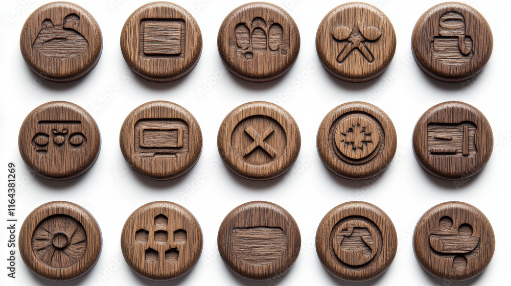 Poster circle buttons with wooden texture and icons for game menu interface or website. vector cartoon set 