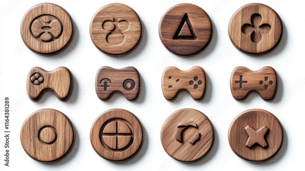 Poster circle buttons with wooden texture and icons for game menu interface or website. vector cartoon set 