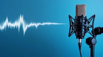 A high-quality microphone is positioned against a smooth blue background. A digital sound wave illustration emanates from the microphone, indicating active audio recording and creativity