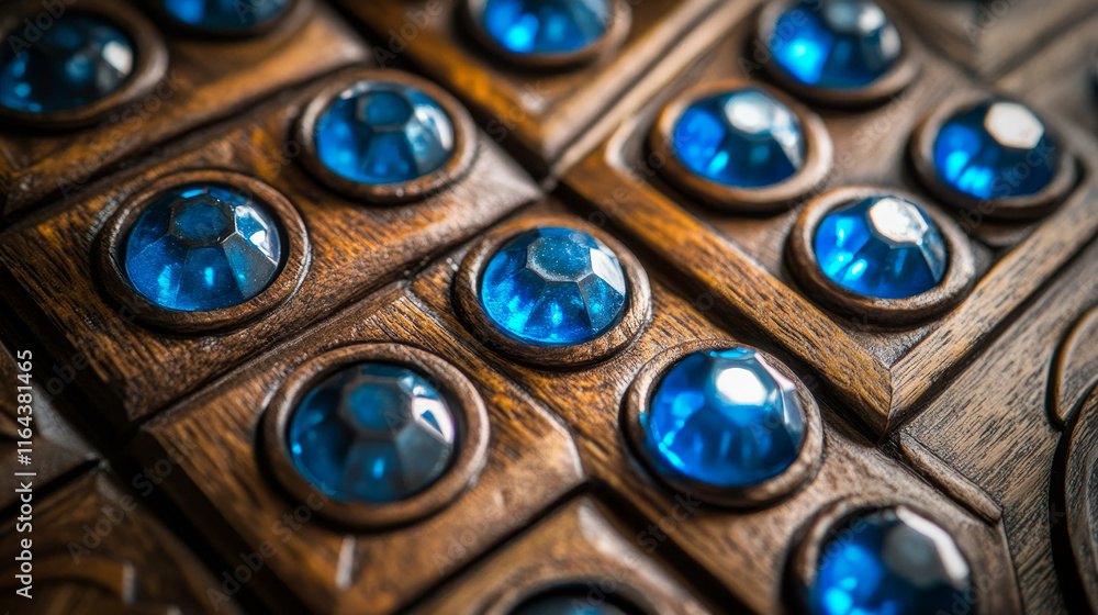 Poster wooden game ui elements with glowing blue crystal inlays. cartoon vector set of navigation buttons, 