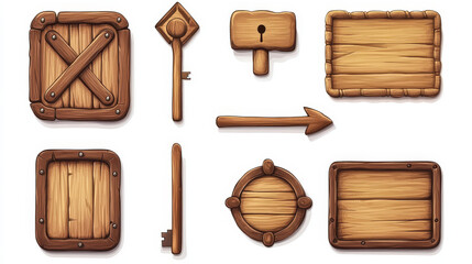 Naklejka premium Wooden game buttons, cartoon menu interface made of wood textured boards, ui or gui graphic design elements. Slider, arrow, planks and key, user panel isolated on white background, 2d vector icons set