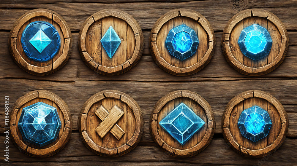 Poster wooden game ui elements with glowing blue crystal inlays. cartoon vector set of navigation buttons, 