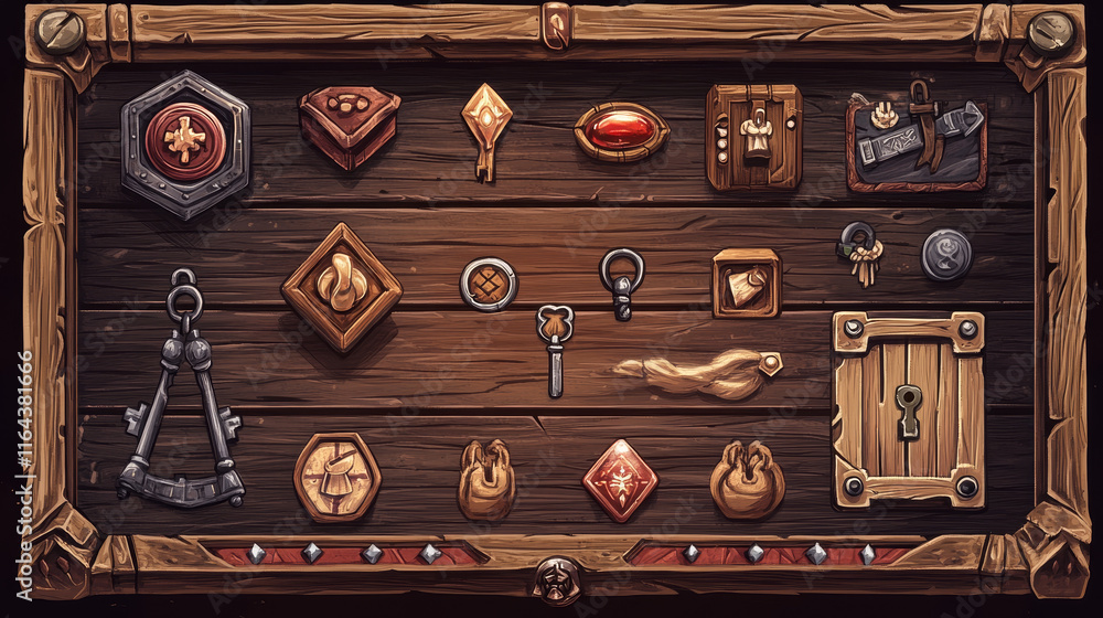 Poster wood game shop ui interface with button frame. wooden store box gui item with 2d user navigation arr