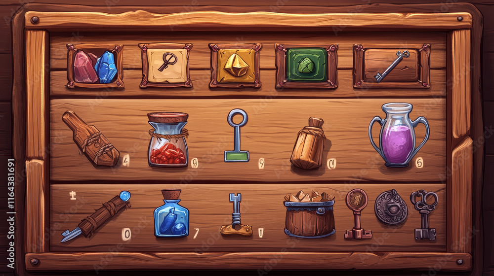 Poster wood game shop ui interface with button frame. wooden store box gui item with 2d user navigation arr