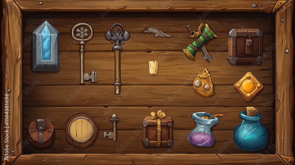 Poster wood game shop ui interface with button frame. wooden store box gui item with 2d user navigation arr