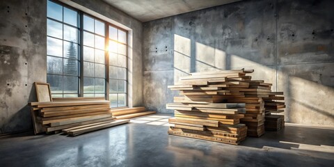 Obraz premium Sunlight streams through a large window illuminating stacks of lumber in a modern industrial interior space