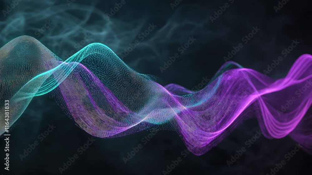 Poster a futuristic scene of dynamic energy lines in purple and teal, flowing in a wave pattern across a da