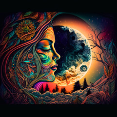 Surreal Woman with Lunar Landscape – Vibrant Psychedelic Illustration for Spirituality and Cosmic Harmony
