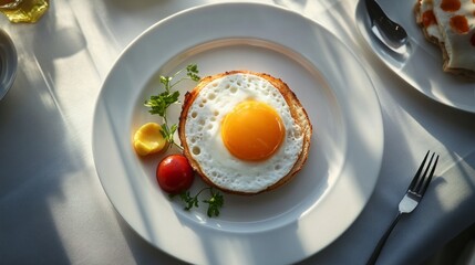 A beautifully arranged breakfast plate showcases a fried egg on golden-brown toast, garnished with fresh herbs and cherry tomatoes under soft morning light