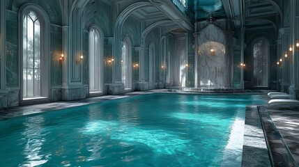 This stunning indoor pool features ornate architecture with tall windows that let in natural light, creating a tranquil atmosphere. The blue waters invite relaxation and serenity