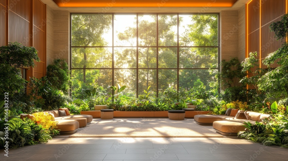 Poster a spacious indoor area features large windows flooding the space with warm natural light. soft loung