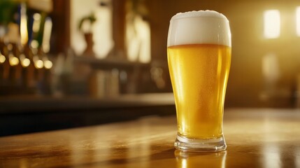 A beautifully crafted glass of golden beer sits on a wooden table in a cozy bar. The sunlight casts a warm glow, enhancing the inviting atmosphere of the evening
