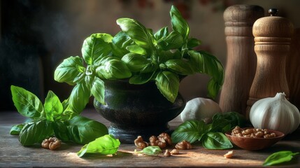 A bowl filled with vibrant green basil leaves sits next to whole garlic bulbs and a dish of walnuts on a wooden table. The warm, natural light enhances the freshness of the ingredients
