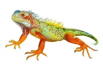 Obraz premium A small lizard with vibrant green and orange scales sits on a plain white surface