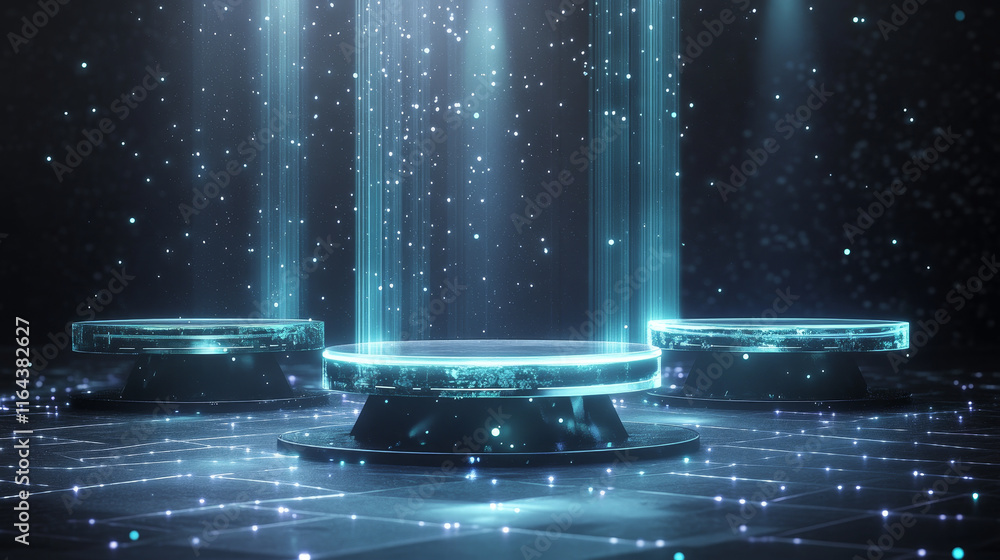 Poster digital portals on circle podiums with hologram and light effects. 3d futuristic platforms with blue
