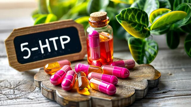 5-HTP capsules supplements on the table. Selective focus. supplement