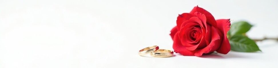 Single red rose and two wedding rings isolated against a white backdrop, symbol, wedding, occasion