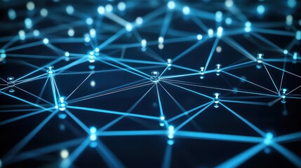 A futuristic network background with interconnected glowing nodes and thin blue lines, symbolizing data flow. 
