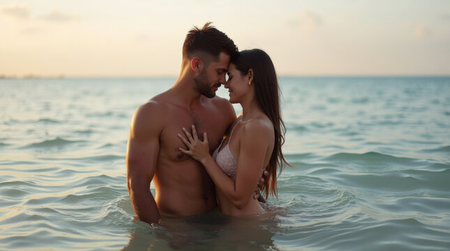  romantic couple kissing in sea water