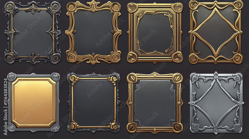 Poster set of square golden and silver ui game frames with cast metal decoration. vector illustration of sh