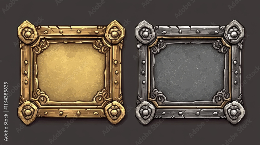 Poster set of square golden and silver ui game frames with cast metal decoration. vector illustration of sh