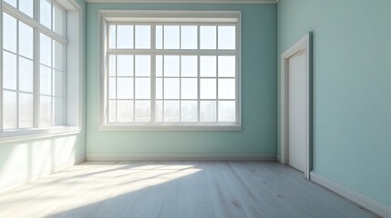 Bright and spacious light-filled room with large windows and soft pastel walls in a modern interior design style