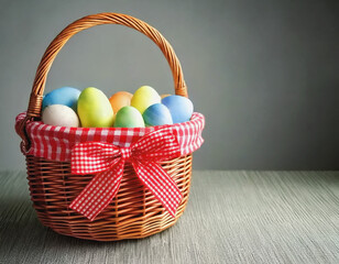 Red Gingham Lined Easter Basket with Colored Eggs AI