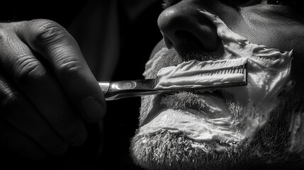 Close-up of a traditional shaving process highlighting the razor and lather on a man's face in a barbershop setting