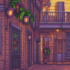 Pixel art depicting a vibrant city street scene.