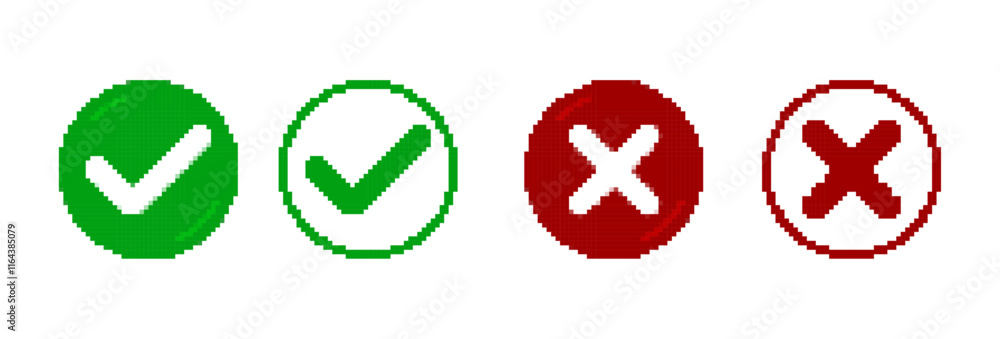 Poster set of pixel art checkbox with check mark icons for survey, form, and feedback. vector illustration