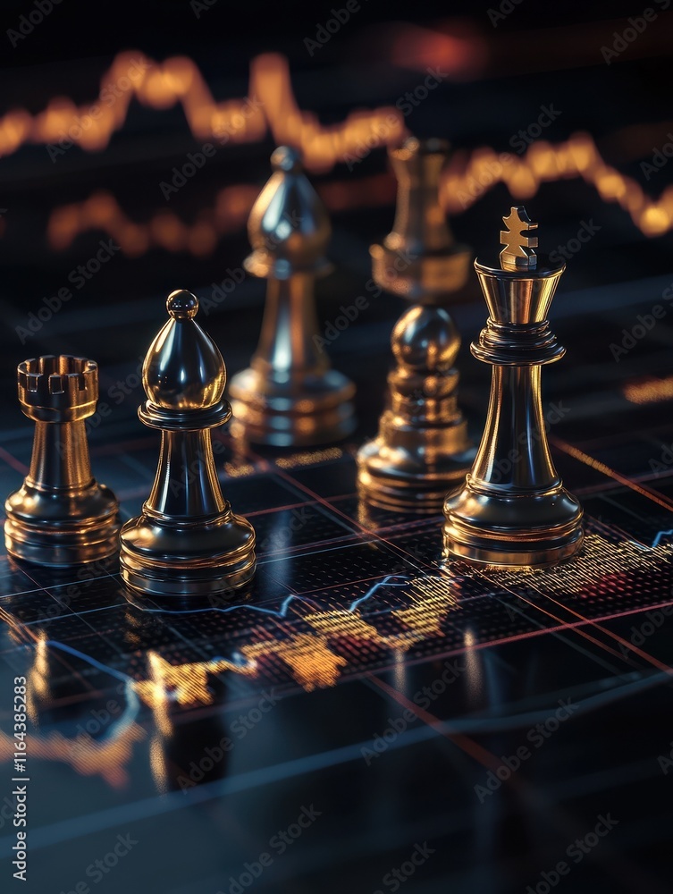 Poster business strategy and investment concept with golden and silver chessmen on dark surface and perspec